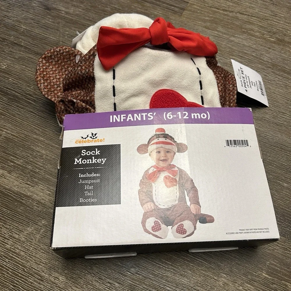 Infant Sock Monkey Halloween Costume 6-12 Months Jumpsuit Hat Tail No Booties